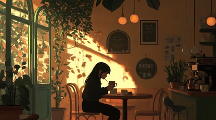 Wall Mural - Girl enjoys coffee in a sunlit cafe.