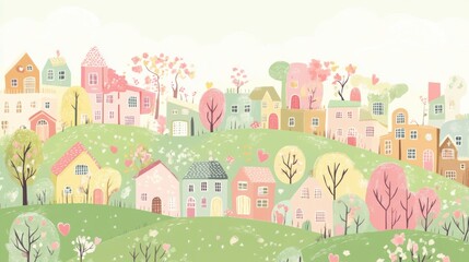 Aufkleber - Colorful landscape of playful doodles with whimsical houses and blooming trees on lush green hills. Generative AI