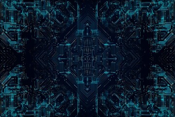 Abstract close-up of a glowing blue digital circuit board, showcasing intricate connections and technological design on a black background.
