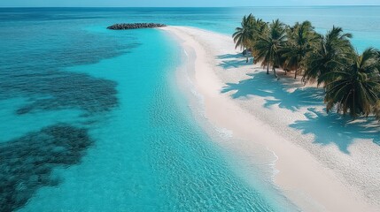 Poster - Aerial View of Tropical Beach on a Sunny Day with Clear Water and Palm Trees in a Scenic Landscape Captured from High Angle Perspective