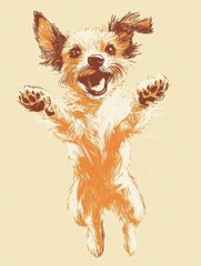 Poster - Joyful puppy bouncing in delight against a soft beige background showing happiness and playfulness. Generative AI