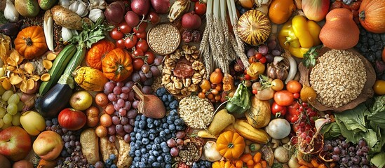 Canvas Print - Flat lay of colorful fruits, vegetables, and grains.