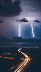 Wall Mural - Dramatic landscape with dark storm clouds and multiple lightning strikes over a distant horizon.