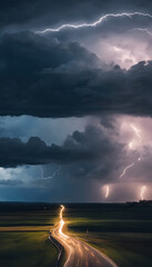 Wall Mural - Dramatic landscape with dark storm clouds and multiple lightning strikes over a distant horizon.