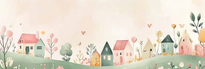 Aufkleber - Playful doodle of colorful houses on a serene landscape filled with trees and flowers during a bright sunny day. Generative AI