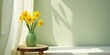 © vattana - Sunlit Daffodils in a Green Vase on a Wooden Table Beside a Sheer Curtain