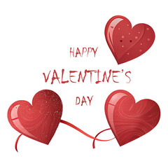 A vibrant Valentine's Day graphic featuring three large, glossy red hearts, swirling ribbons, and a celebratory confetti effect against a black background