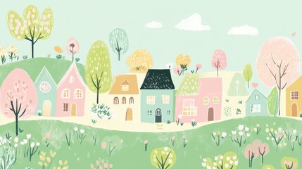 Poster - Colorful doodle depicting a whimsical village surrounded by nature on a sunny day. Generative AI
