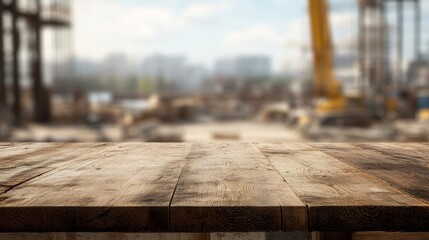 Empty Wooden Table with Construction Site in the Background