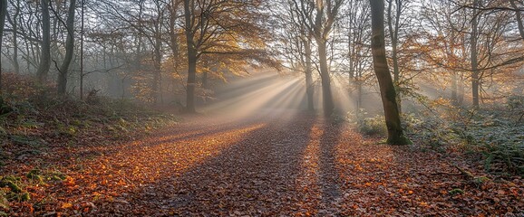 Poster - Sunbeams illuminating a misty autumn forest path covered with fallen leaves.