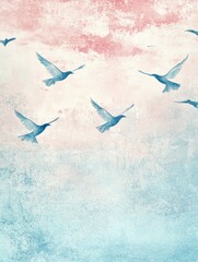 Poster - Flying birds in soft retro colors against a textured sky with pastel hues conveying tranquility and freedom. Generative AI