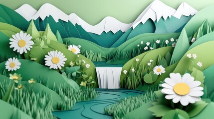 Sticker - Lush Valley: A verdant valley with a flowing stream and wildflowers. paper cut Art Style 3d background 