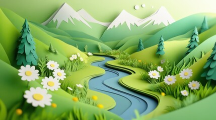 Sticker - Lush Valley: A verdant valley with a flowing stream and wildflowers. paper cut Art Style 3d background 