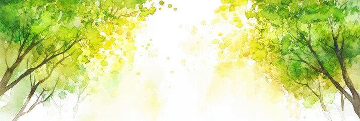 Fototapete - Playful doodle of vibrant trees and sunlight filtering through a green canopy in a serene nature setting during daytime. Generative AI