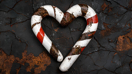 Poster - A heart-shaped candy cane with red and white stripes sits on a textured, dark background, evoking a cozy, festive atmosphere.