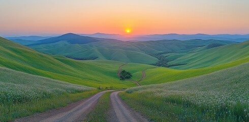 Wall Mural - A road winds through a lush green field with a bright sun in the sky