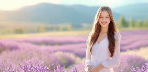 Poster - A woman is standing in a field of purple flowers