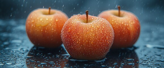 Wall Mural - Three red apples covered in raindrops on a dark, wet surface.