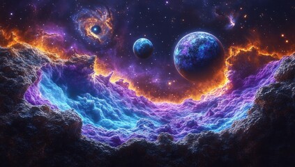 Wall Mural - a colorful space scene with three planets and a large purple cloud