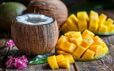 Wall Mural - Fresh juicy mango and coconut halves on rustic wood.