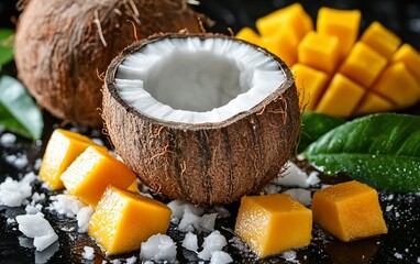 Wall Mural - Halved coconut with fresh mango chunks and ice.