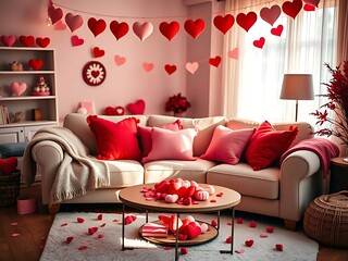 Wall Mural - Modern living room in Valentine-themed furnished with heart decorations in pink and red tone, Valentine concept