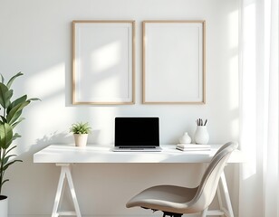 Wall Mural - Modern workspace with a white desk placed by a laptop, potted plant, a swivel chair and picture frames on the wall with the natural light through the window, interior home decoration design