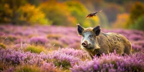 Wild Boar in Vibrant Flower Meadow at Sunrise