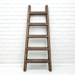 Wall Mural - A rustic wooden ladder leaning against a white brick wall