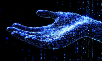 A digital hand composed of glowing blue binary code on a dark background. 
