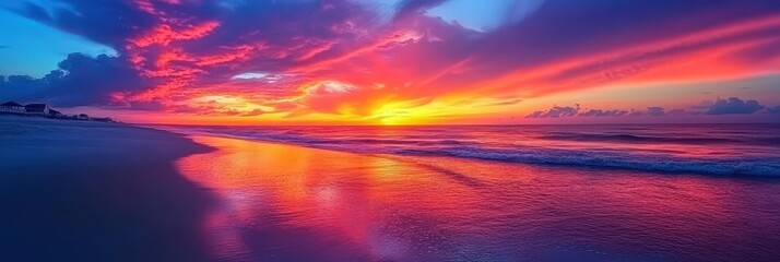 Poster - Wide Angle View of a Tranquil Beach at Sunset with Vibrant Colors Reflecting on Calm Waters and a Stunning Horizon