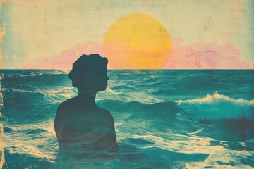 Poster - Silhouette of a woman at the beach during sunset with retro risograph style. Generative AI
