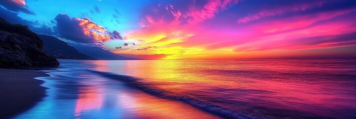 Poster - Beautiful Tranquil Beach with Wide Angle View of Vibrant Colors at Horizon During Sunset Over Calm Water Reflection