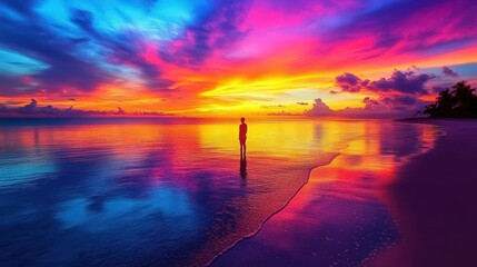 Poster - Tranquil Beach Sunset with Wide Angle View of Vibrant Horizon and Splendid Sky Reflections on Calm Water Surface