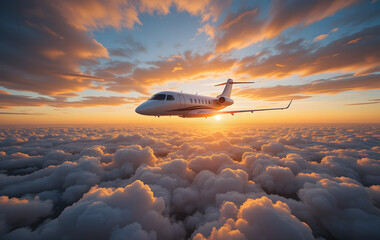 private luxury jet soared gracefully through vibrant morning sky with wide-angle view of sun-kissed 