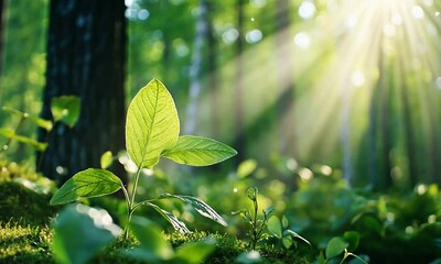 a young plant thriving in a sunlit forest setting.