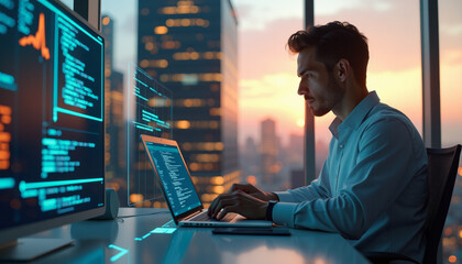 Concentrated Programmer at Sunset in Modern Office