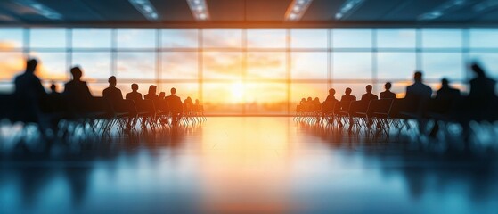 Wall Mural - Silhouetted Audience Watching Stunning Sunset Through Conference Room Windows at Business Event