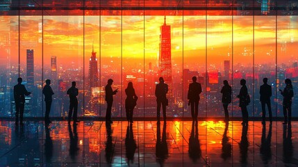 Wall Mural - Silhouetted Business Professionals Against Vibrant City Skyline at Sunset in Modern High-Rise Office