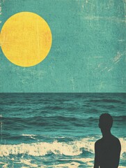 Fototapete - Silhouette of a person gazing at the vast ocean under a bright sun in a retro risograph style. Generative AI