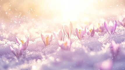 Wall Mural - Purple Crocuses Blooming Through Snow in Early Spring