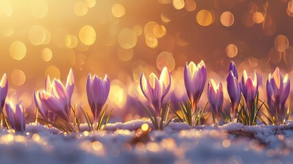 Wall Mural - Purple Crocuses Blooming Through Snow in Early Spring