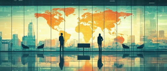 Wall Mural - Business Meeting with Silhouetted Figures Against Colorful World Map in Modern Office Interior