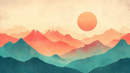 Aufkleber - Sunset over retro mountain landscape with pastel colors and stylized textures creating a serene atmosphere. Generative AI