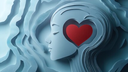 Wall Mural - Mental Health A 3D paper head with a heart background 