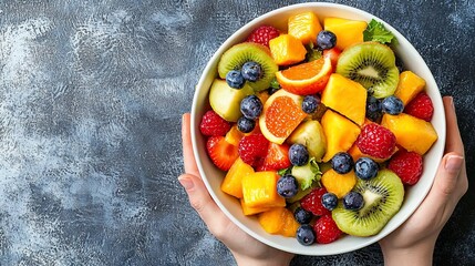 Poster - Fresh fruit salad in bowl, held by hands.