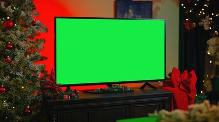 Sticker - Large flat-screen TV mounted on a neutral wall, green chroma key display, and vibrant red holiday decor on the console