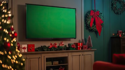 Sticker - Large flat-screen TV mounted on a neutral wall, green chroma key display, and vibrant red holiday decor on the console