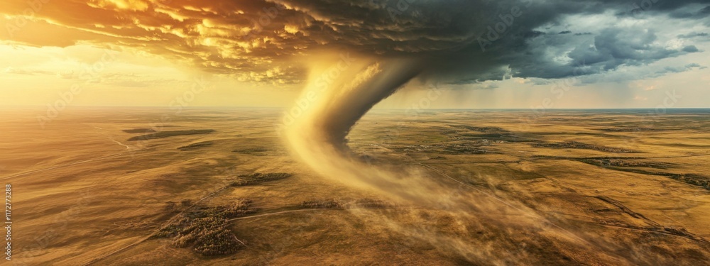 An epic aerial perspective of a massive tornado tearing through the ...