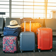 Wall Mural - suitcases on the airport. In bustling airport waiting area on a sunny summer morning vibrant array of travel luggage bags.